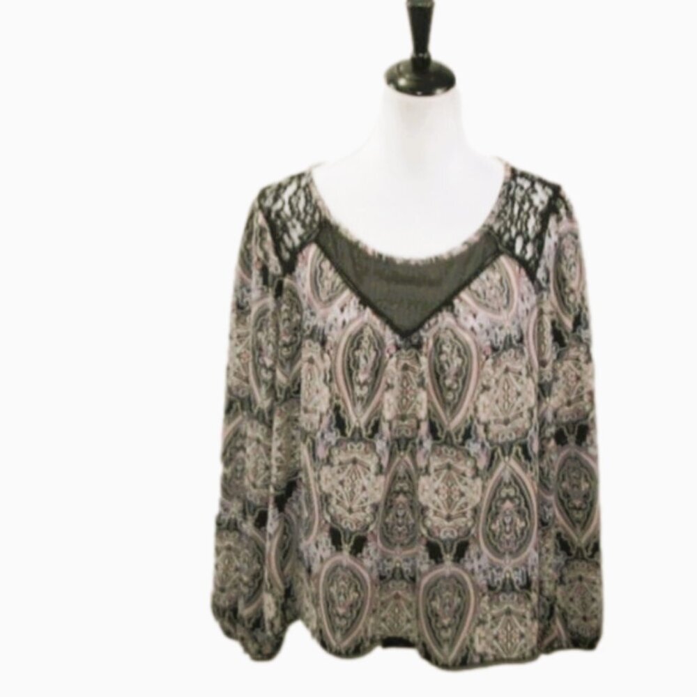 Xhilaration Tan/Black Patterned Long Sleeve Blouse Size XL